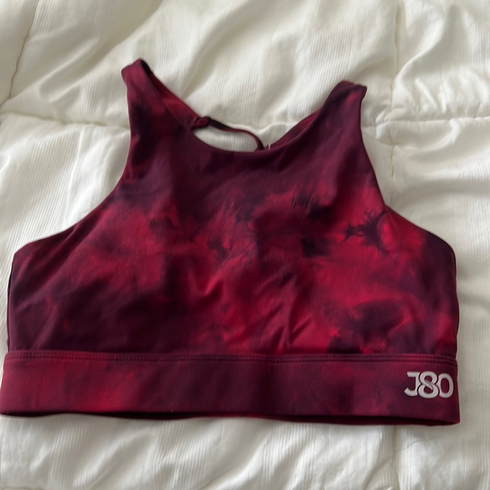 Red tie dye sports bra with criss cross back